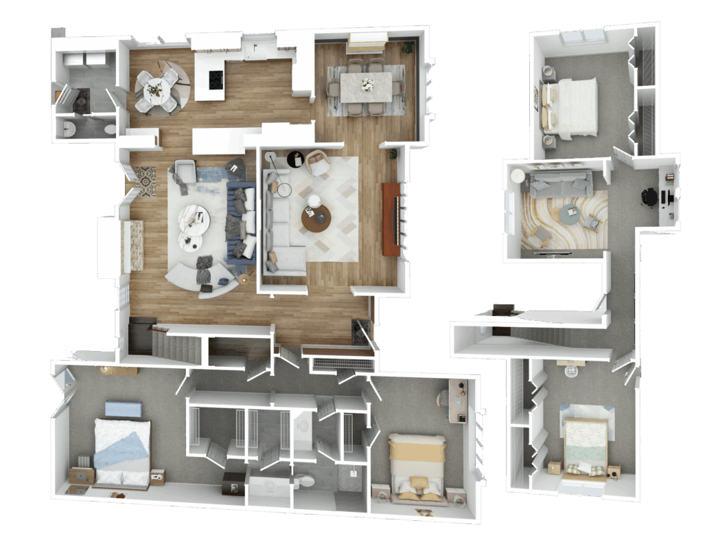 3D floor plan of a furnished residential property showing room layout, furniture placement, and flooring.
