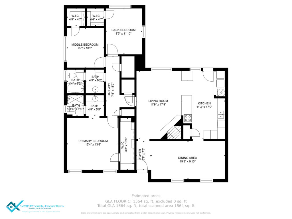 Black-and-white floor plan with room labels, dimensions, and total square footage estimates.